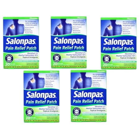 Salonpas Pain Relieving Menthol and Methyl Salicylate Patch, 20 Count, for Back, Neck, Shoulder, Knee Pain and Muscle Soreness, 12 Hour Pain Relief - 5 Pack