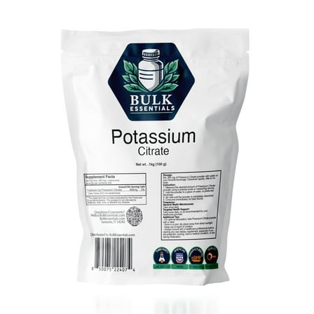 Bulk Essentials Potassium Citrate Supplement – 100g Pure Powder for Muscle, Heart, Nerve & Electrolyte Support – USA Made, Non-GMO & Gluten Free – Potassium Supplement 300mg Per Serving