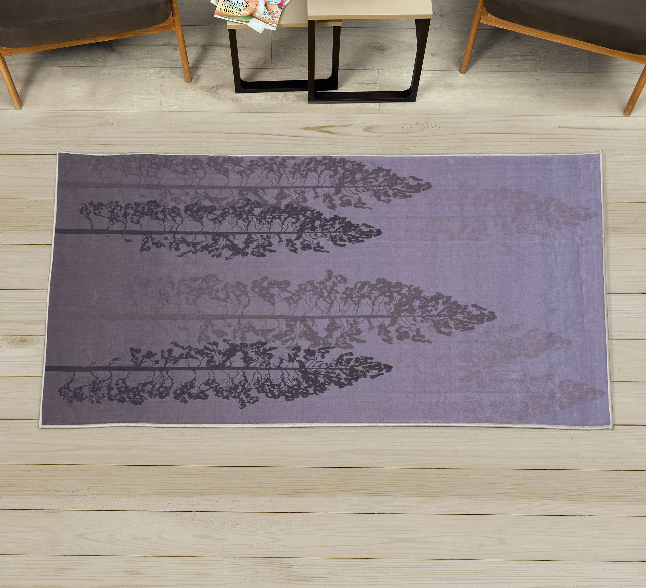 Tree Art Rug Country Decorative Rug, Pine Trees in the Forest on Foggy Seem Ombre ...