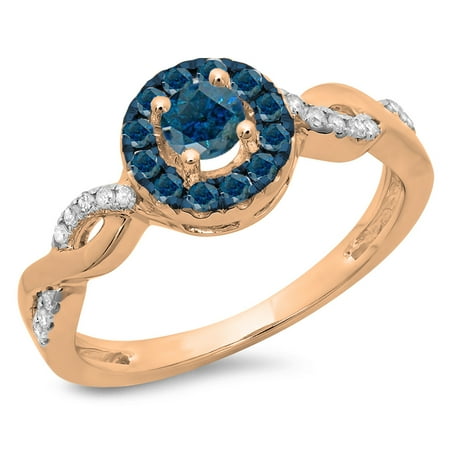0.55 Carat (ctw) 14K Rose Gold Round Cut Blue & White Diamond Ladies Swirl Bridal Halo Engagement Ring 1/2 CT