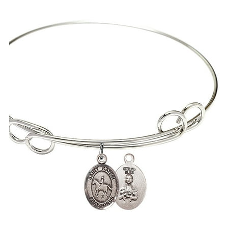 1/2 Inch Sterling Bracelet - 7 1/2 inch Round Double Loop Bangle Bracelet w/ St. Kateri/Equestrian in Sterling Silver