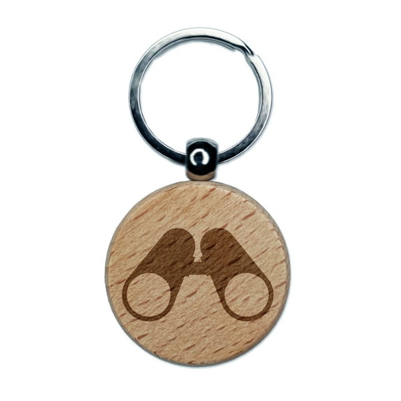Binoculars Bird Watching Round Keychain Charm Tag - Engraved Wood