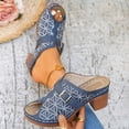 thumbnail image 3 of Mules Sandals for Women Trendy Embroidery Buckle Strap Chunky Heeled Slides Slip on Peep Toe Backless Heels Blue Size 9, 3 of 5
