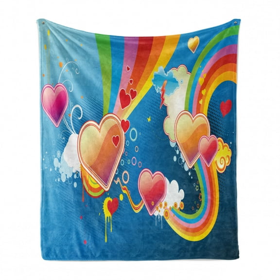 Vintage Rainbow Soft Flannel Fleece Blanket, Funky Illustration of Heart Shapes Floral Elements Clouds Valentines Love, Cozy Plush for Indoor and Outdoor Use, 50" x 70", Multicolor, by Ambesonne