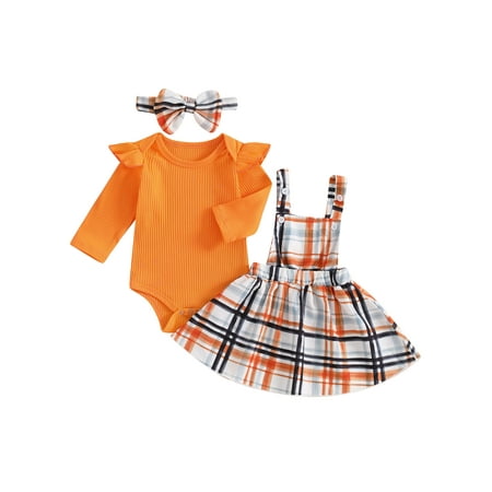 

CocMouse Baby Girl Fall Outfit Ribbed Romper Plaid Suspender Skirt Headband