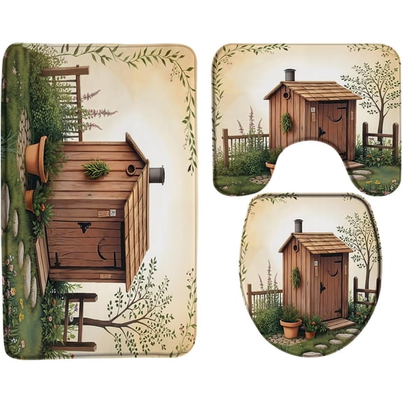 Outhouse Bathroom Rug Set 3 Piece, Vintage Primitive Country Backhouse Rustic Farmhouse Grass Garden Yard Meditation Soft Memory Foam Bath Mat Set