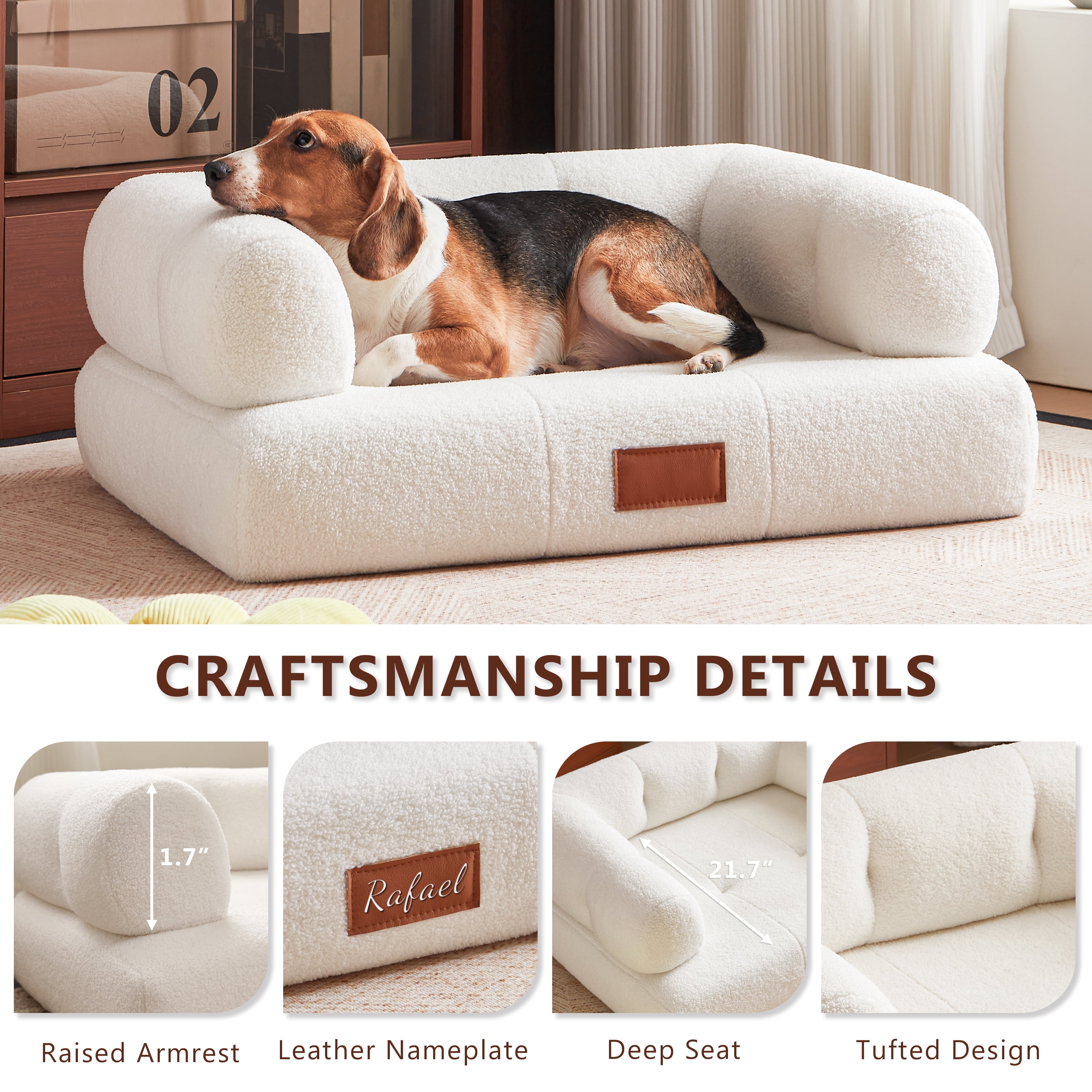 33.9'' White Faux Shearling Dog Bed Couch for Large and Medium Dogs up to 70lbs, Modern Luxury Orthopedic Elevated Pet Bed Sofa Cat Bed Couch with Leather Name Plate Indoor Furniture Style