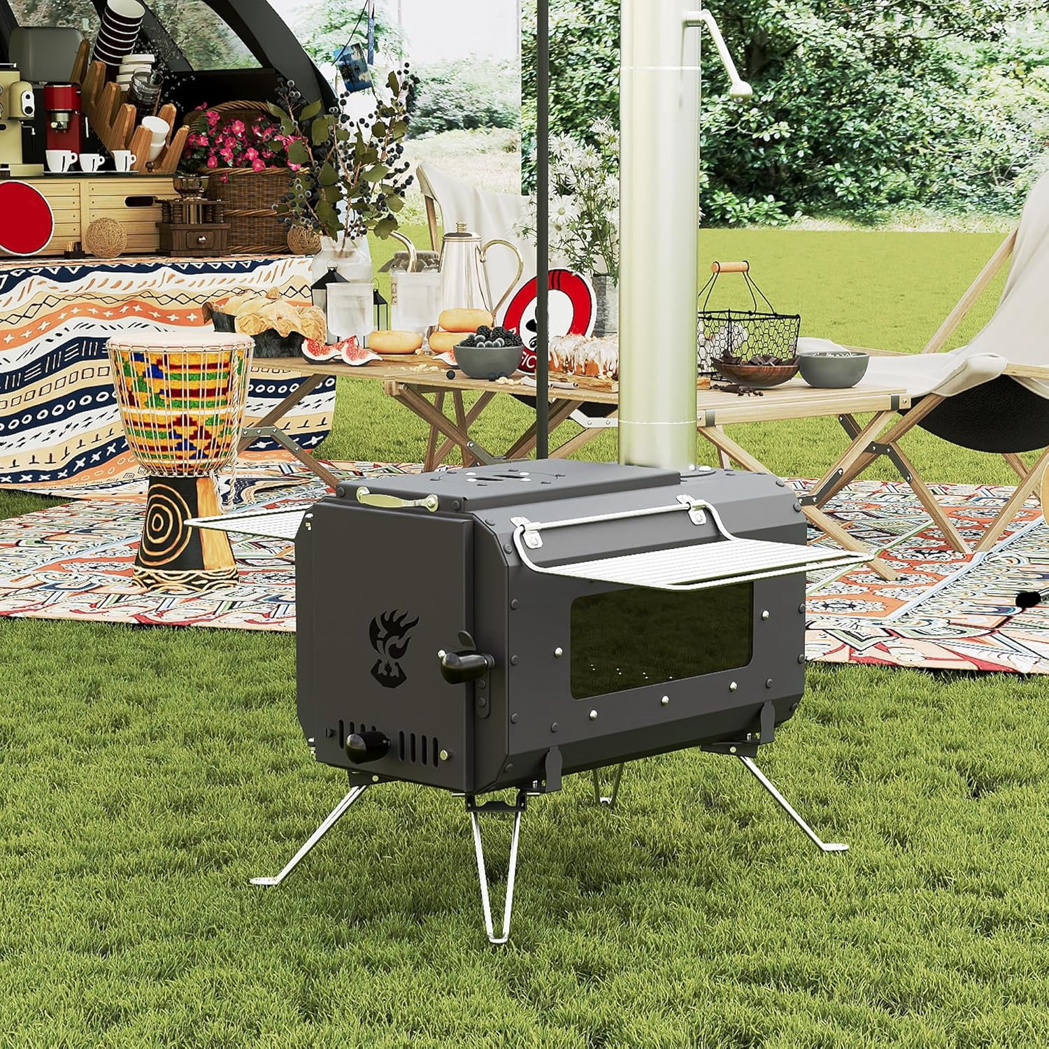Riedhoff Wood Burning Camping Stove 17.91 x 11.62 x 13.11",  6 Chimney Pipes & Glass Window, Black