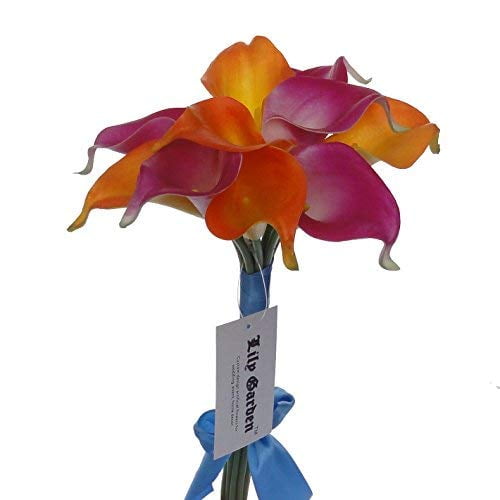 Lily Garden Mini 15" Artificial Calla Lily 10 Stem Flower Bouquets (Orange & Hot Pink)