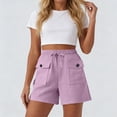 thumbnail image 2 of Cotton Linen Shorts for Women with Flap Pockets Tie Elastic Waist Lightweight Casual Summer Lounge Cargo Short (L, Purple), 2 of 6