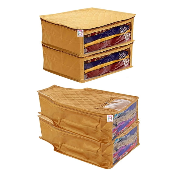 atorakushon Satin Fabric 2 Saree & 2 Blouse Covers Clothes Garments Storage Bag Wardrobe Organizers Strong Zippers & Transparent Window Set of 4 Gold