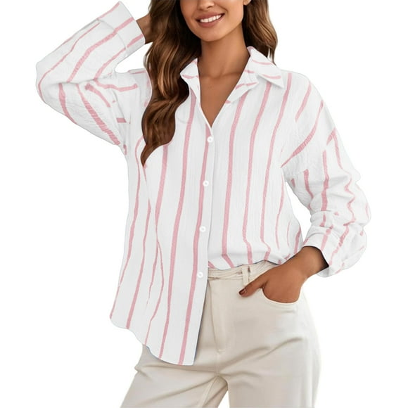 GPOECD Chemise Élégante à Col Rond à Rayures pour Femme Polyvalente Printemps Été Tenue de Tous les Jours Blouse Confortable Haut Rose,m