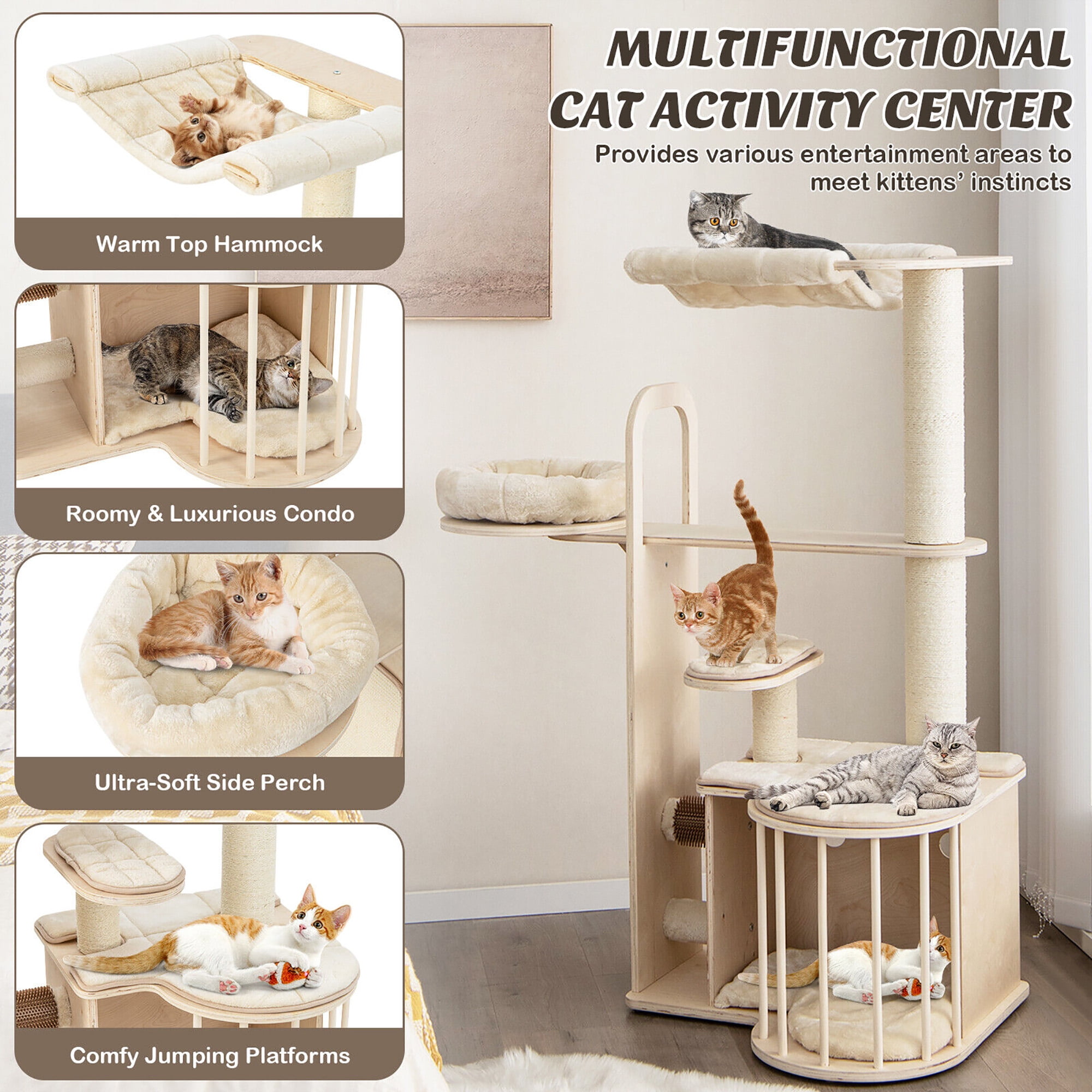 Gymax 55'' Tall Cat Tree Tower Multi-Layer Wooden Activity Center w/ Rest Condo & Hammock