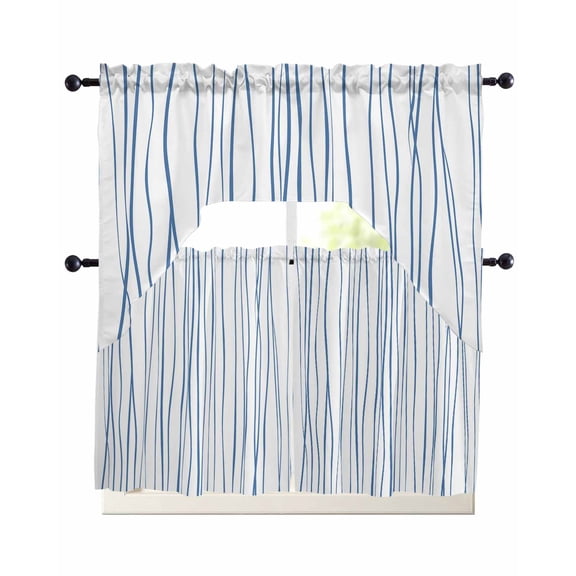 Blue Kitchen Curtains Sets 24 Inch Length with Valance, Abstract Art Gradient Minimalist Modern Texture Swag Valances and Tiers Curtain Set Drapes Swag Curtains for Living Room, Bathroom, Bedroom
