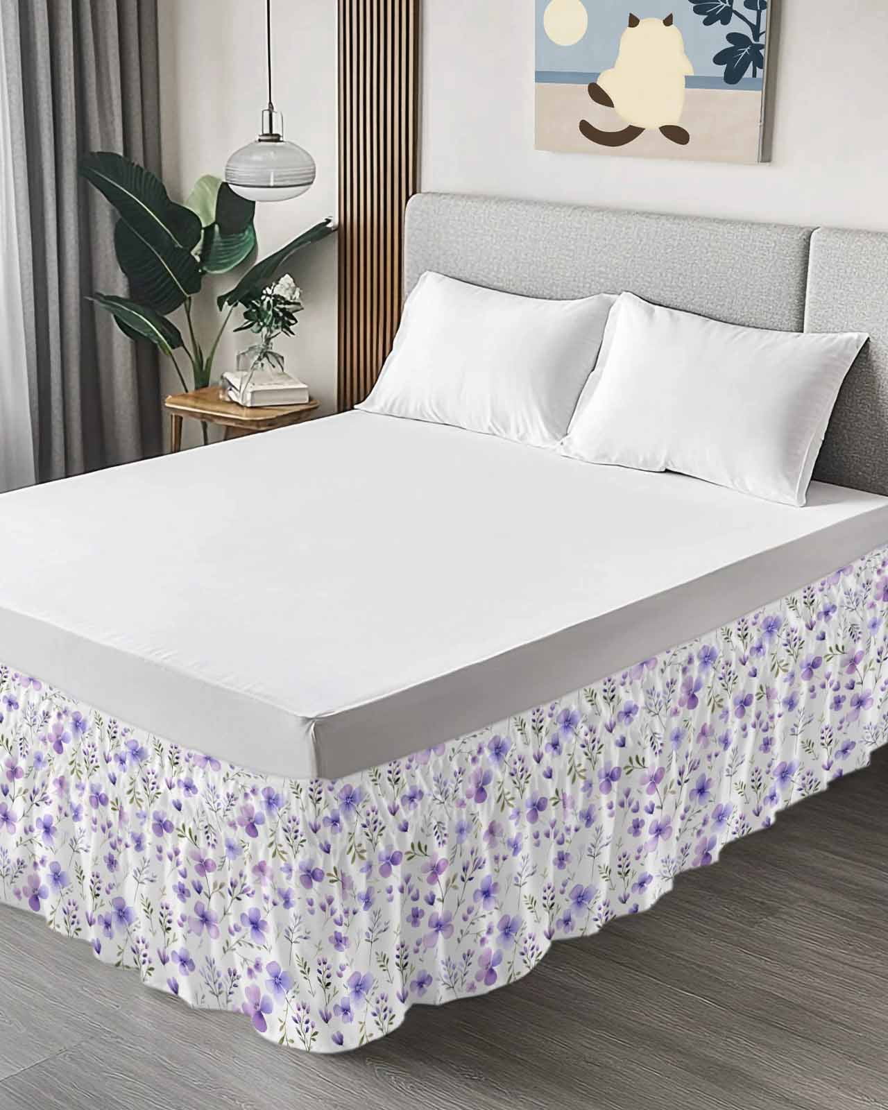 Purple Spring Floral Wrap Around Bed Skirts for Queen Bed 18" Drop,Bed Skirt with Adjustable Elastic Belt Dust Ruffle Bed Valance for Bedroom Hotel Pastoral Botanical Watercolor Bed Frame Cover