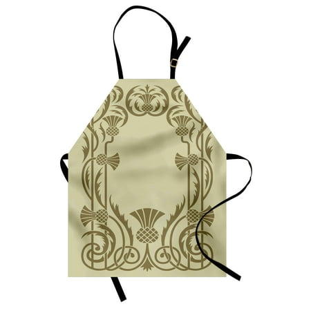 Art Nouveau Apron Botanical Framework with Pineapples Exotic Nature Inspired Antique Look, Unisex Kitchen Bib Apron with Adjustable Neck for Cooking Baking Gardening, Sage Green Sepia, by