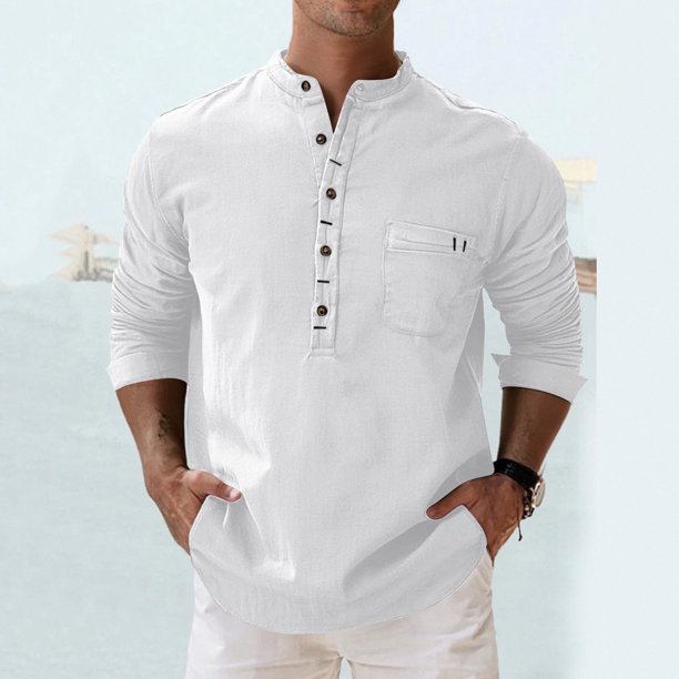 Blusa y camisa de manga larga con cuello alto para hombre, informal, a la moda, de color liso, transpirable, de manga larga, con cuello alto y bolsillo con botones, blusa de poliéster para hombre