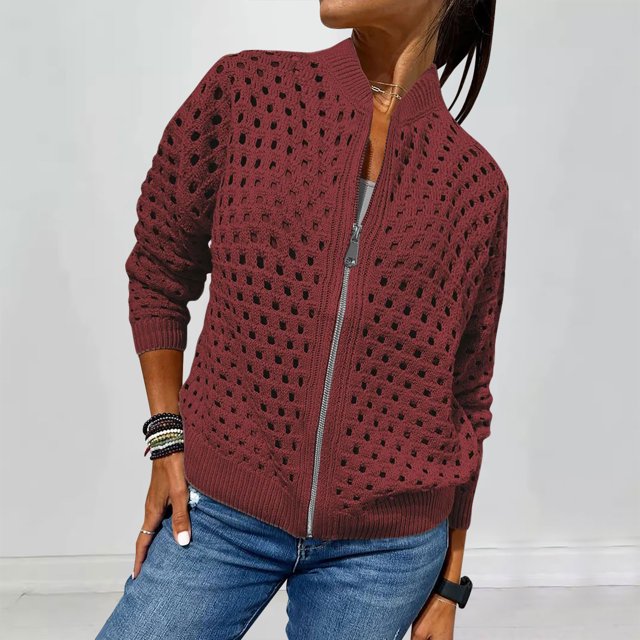 Chaqueta y abrigo informal de manga larga sin capucha para mujer, de punto hueco, con cremallera y manga larga, blusa para mujer