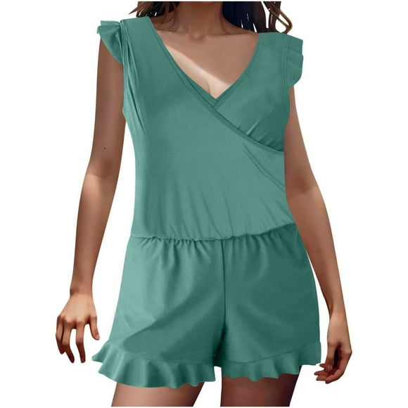 YUTK Swimsuits for Women - Women's Solid Color Shorts with Pockets Flat Angle Jumpsuit Swimsuit - Blue S