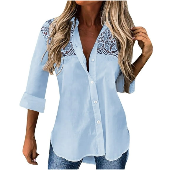 Babysbule Womens Long Sleeve Tops Fashion Women's Loose Buttons Solid Lapel Long Sleeves T- Blouse Tops