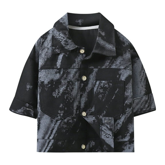 TOOYOU Boys Jacket Kids Letter Print Denim Jacket Classic Coats Jeans Tops Children Casual Teen Outfit Loose Outerwear Size 2 Y-3 Y Black