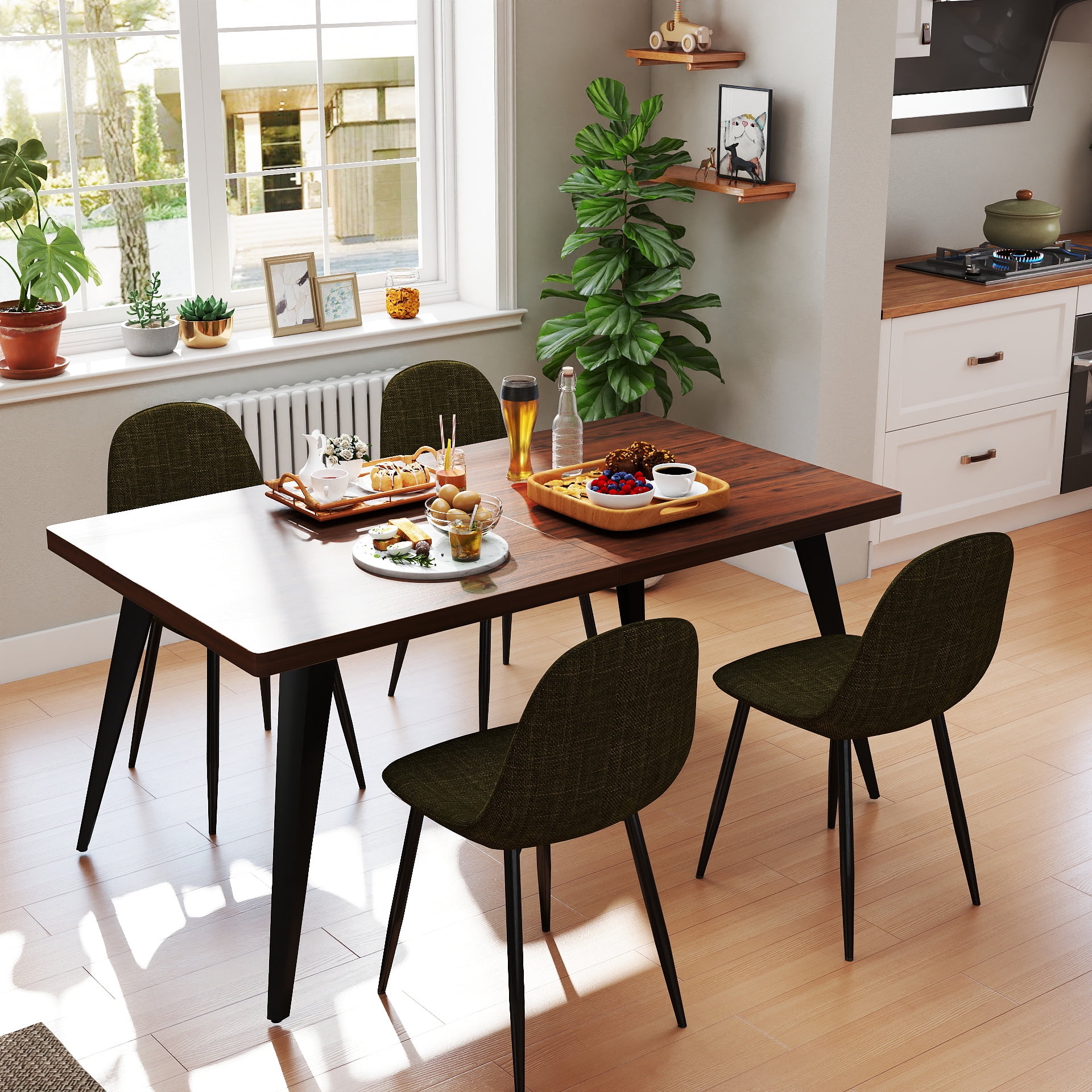 Homy Casa 63 inch Modern Dining Set, Dining Table with 4 Chairs, Beige Fabric