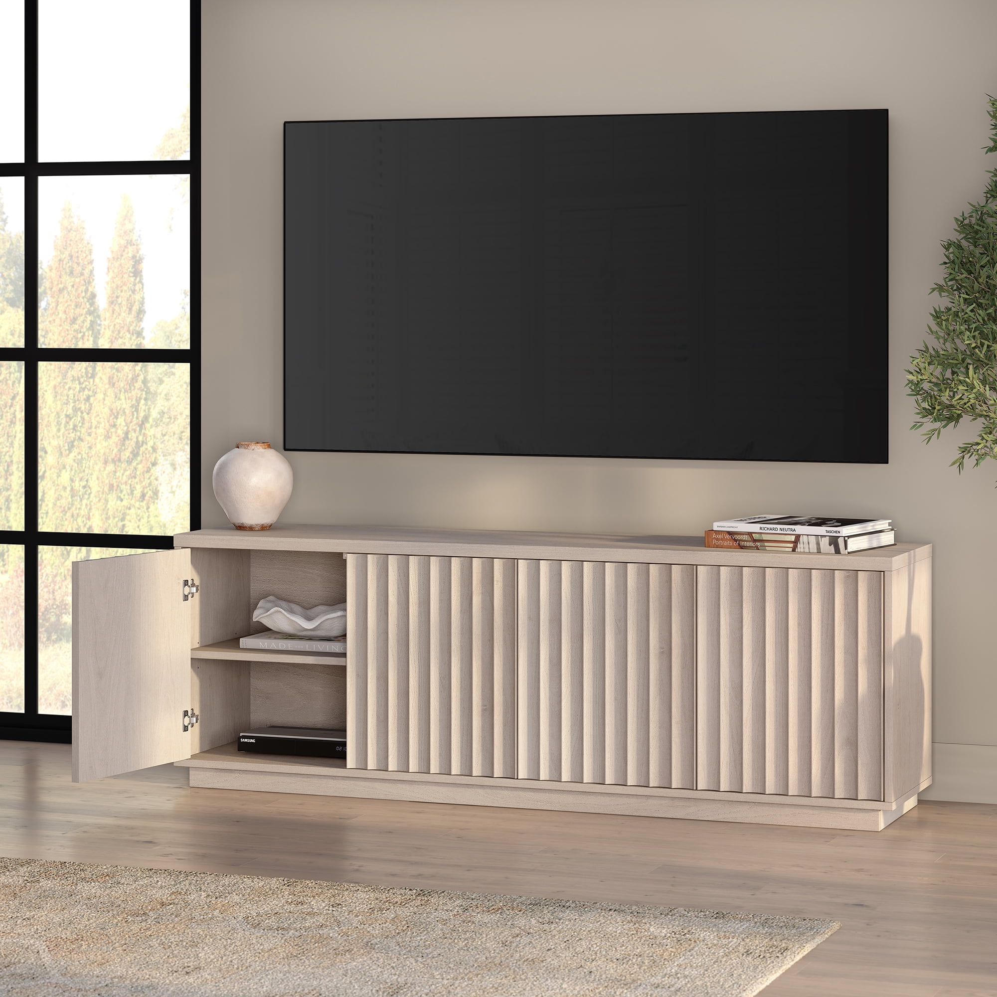 Bourne Rectangular Fluted TV Stand for TV's up to 75" in Alder White