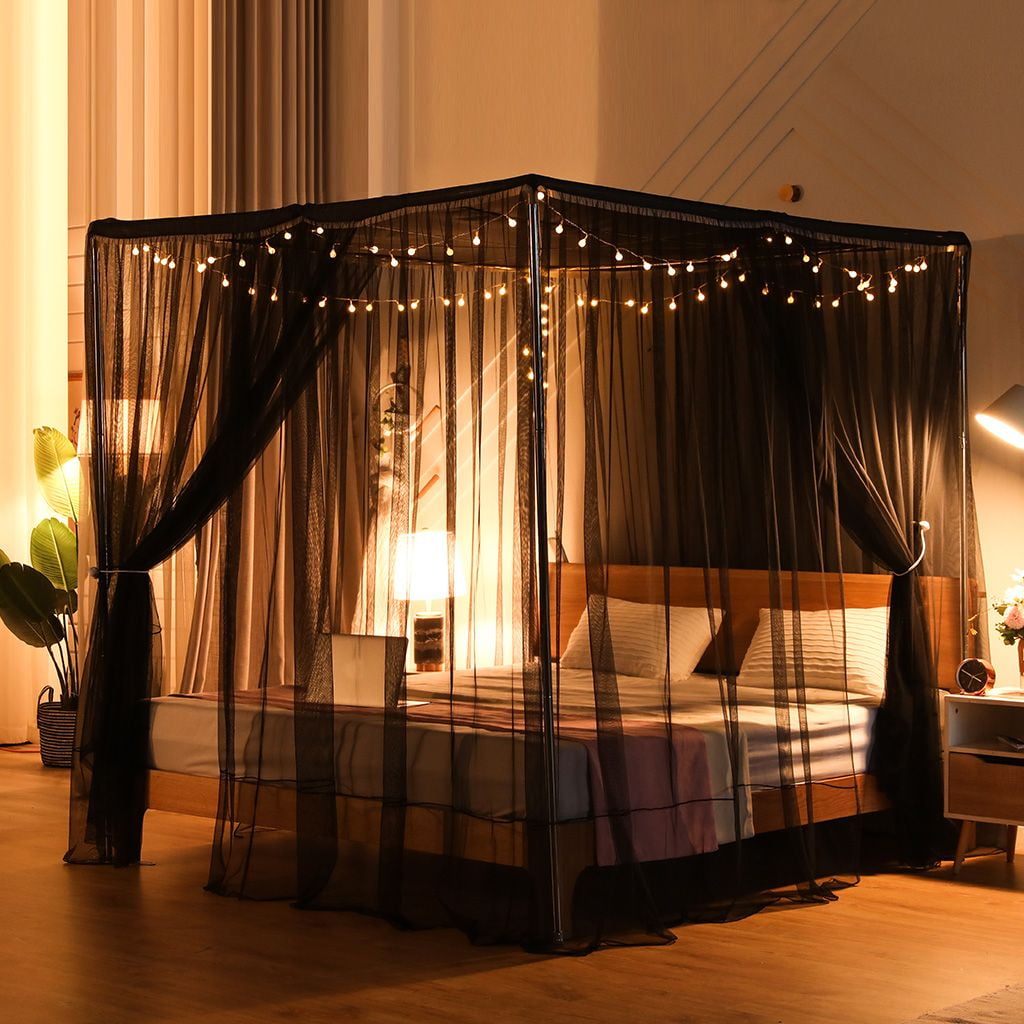 Mosquito Net For Bed 4 Corner Bed Canopy Easy Home Princess Bed Canopy Curtain For Girl Beds Kids Bedroom,Black,King
