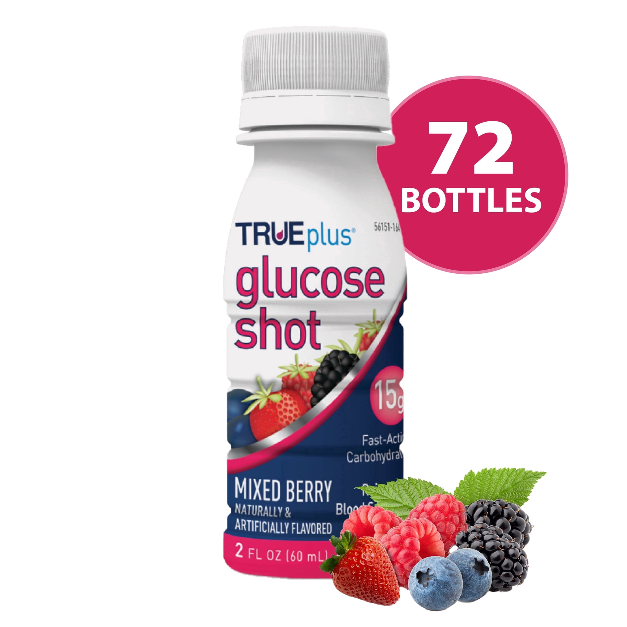 TRUEplus Glucose Shots, 15g Fast-Acting Carbohydrates, Mixed Berry Flavor, 72 Pack