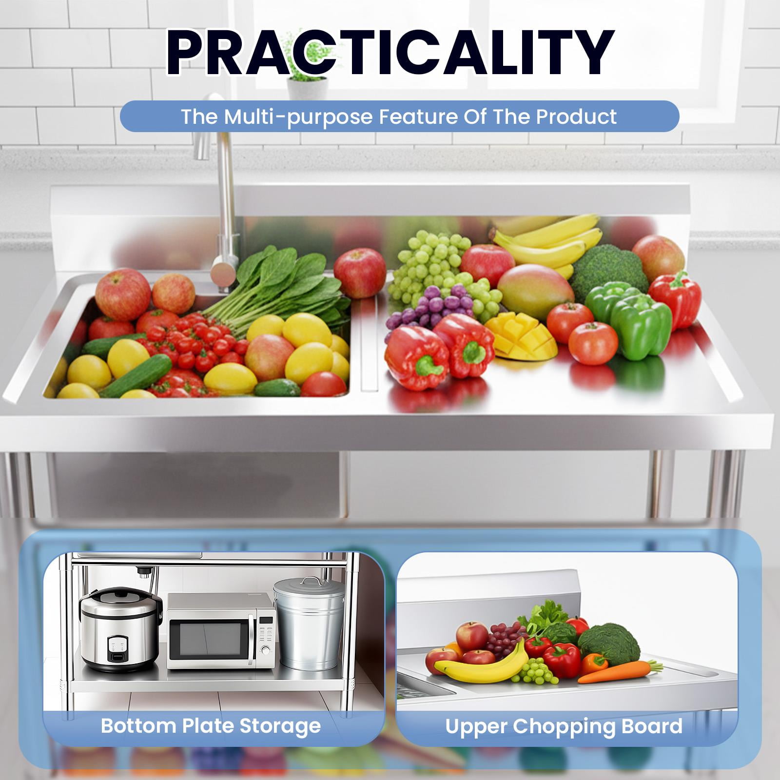 Stainless Steel Commercial Utility Sink with Cold & Hot Water Faucet, Heavy Duty Free Standing Sink, Outdoor Freestanding Kitchen Sink for Food Truck & Stall