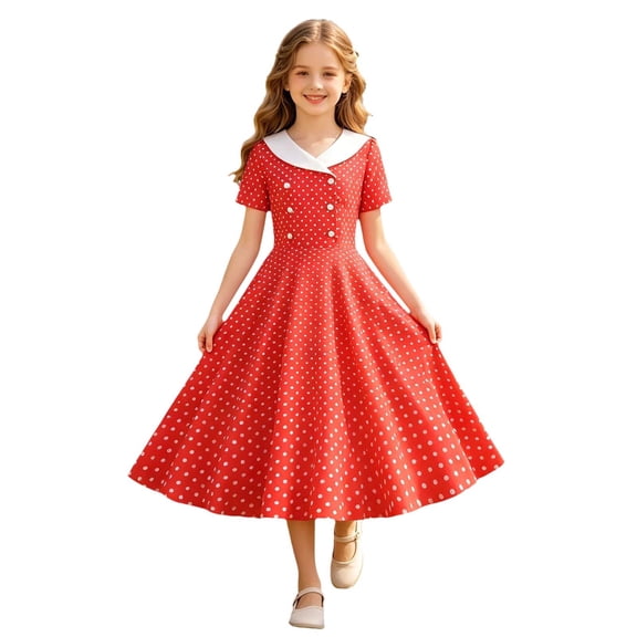 Girls Dresses Vintage Polka Dot Dress, Short Sleeve Style Peter Pan Collar A-Line Midi Dress, Retro Swing Dress for Kids Party Daily Wear(Watermelon Red,11-12 Years)