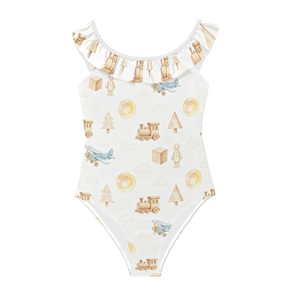 Girls Ruffled One Piece Swimsuit Summer Beach Vacation Swimwear Tank Swimsuit Wooden Car