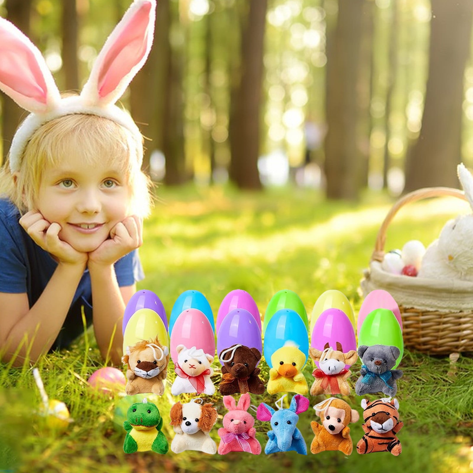 24 Pack Prefilled Easter Eggs of Mini Stuffed Animal Plush Toys Baster Stuffer Filler for Kids Easter Egg Hunt Game, Classroom Prize Supplies