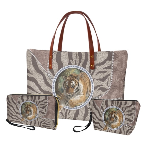 ZUXONGSY Leather Wolf Print Top Handle Bag with Lightweight Cosmetic Bags Purse for Women PU Leather Top Handle Satchel Set with Multifunctional Cosmetic Pouch Purse Slim Wallet for Dating