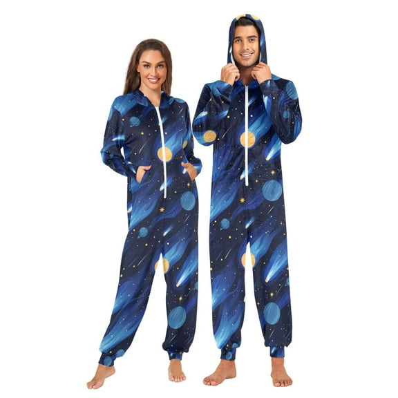 Adult Christmas Onesie Blue Outer Space Adult Zipper One-Piece Pajamas Unisex Pajamas with Pockets
