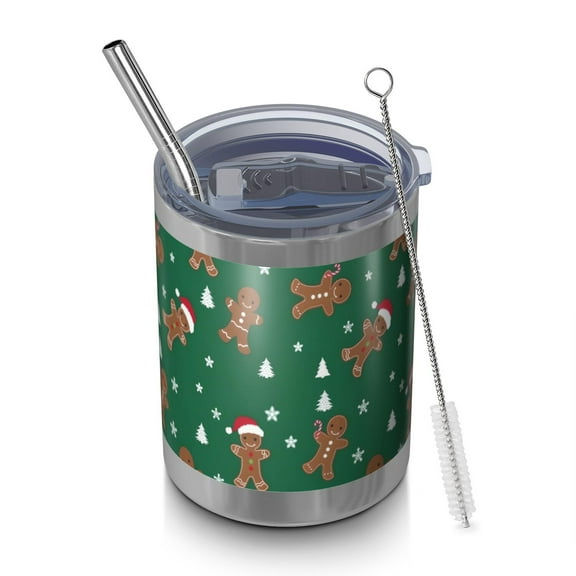 12oz Tumblers Green Christmas Gingerbread Man Pattern Vacuum Insulated Stainless Steel Travel Tumbler Cups Mug with Lid and Straw for Beer,Coffee,Beverages with Cleaning Brush for Cold & Hot Drinks