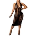 thumbnail image 1 of Liacowi Women Sexy Halter Hollow Out Bodycon See Through Dress Deep V Neck One-Piece Backless Club Slim Midi Dress, 1 of 3