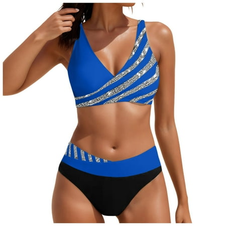 Rrunsv Women Halter Black Bikini Set Sexy Thong Bottoms Cheeky Two Piece Swimsuits High Waist Bathing Suit Women s Swimwear Blue L