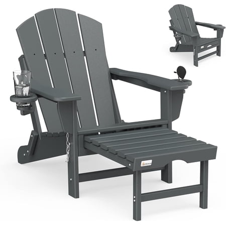 SOBREMESA Folding Adirondack Chair with Retractable Ottoman, HDPE All-Weather Fire Pit Chair, 2 Cup Holders for Deck, Patio, Garden, Backyard or Lawn (Gray)