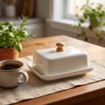 thumbnail image 5 of Aaihamo Ceramic European Butter Dish, Wide 2 Stick Double Butter Holder with Wooden Knob Lid for Counter, Cream Cheese Container Storage Keeper, 5 of 8