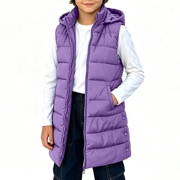 Mitankcoo Kids Long Puffer Vest Sleeveless Hood Quilted Padded Gilet Warm Windproof Outerwear with Pockets for Winter
