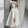 Women Elegant Long Dresses Summer Fashion Puff Sleeve O Neck Slit Dresses Chic Slim High Waist Large Swing A Line Dress VestidosS&China Gao Jinjia LED