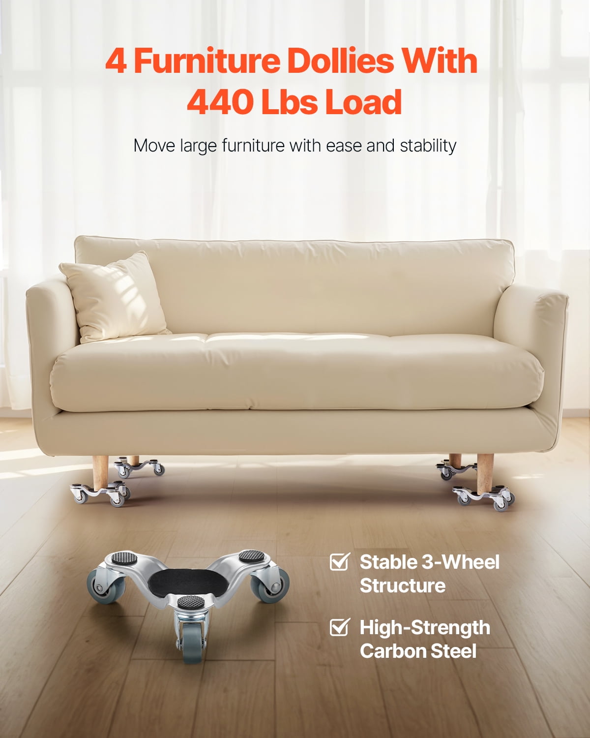 KFFKFF Appliance Dolly, Supports up to 440 lbs, 3-Wheeled Steel 6.3" Tri-dolly, Robust Mover with Rotating Triangle Casters, Carbon Steel Surface, Furniture Elevation Moving Kit