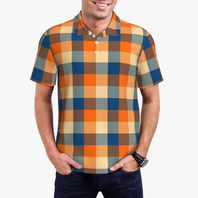 Balery Warm Orange Plaid Camisa Polo de Hombre con Estampado, de Manga Corta y Tejido Medio, Camisa Tipo Golf Polo-X-Large