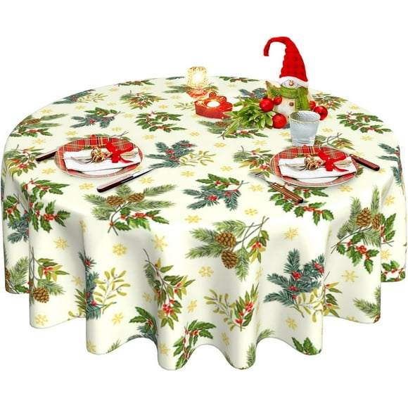 Christmas Tablecloth, Winter Snowflake Floral Round Tablecloth 60 Inch, Xmas Table Cloth for Rustic Farmhouse Kitchen Decor, Wipeable Polyester Fabric Table Cover for Holiday Party Outdoor Camping