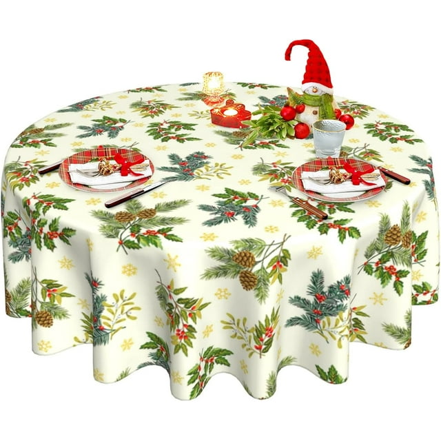 Round Tablecloth 60 Inch, Winter Snowflake Green Holly Table Cloth for Christmas Rustic Farmhouse Kitchen Decor, Wipeable Polyester Fabric Table Cover for Holiday Party