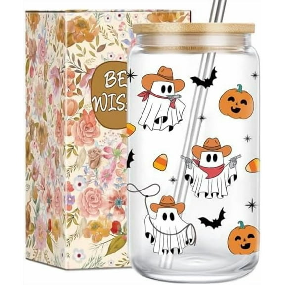Cowboy Ghost Glass Cup, Spooky Halloween Gifts for Women, Men,Funny Western Cowgirl mug,16 oz Spooky Coffee Glass Cups w/Lids Straws, Halloween Gifts,Boo Basket Stuffers for Adults