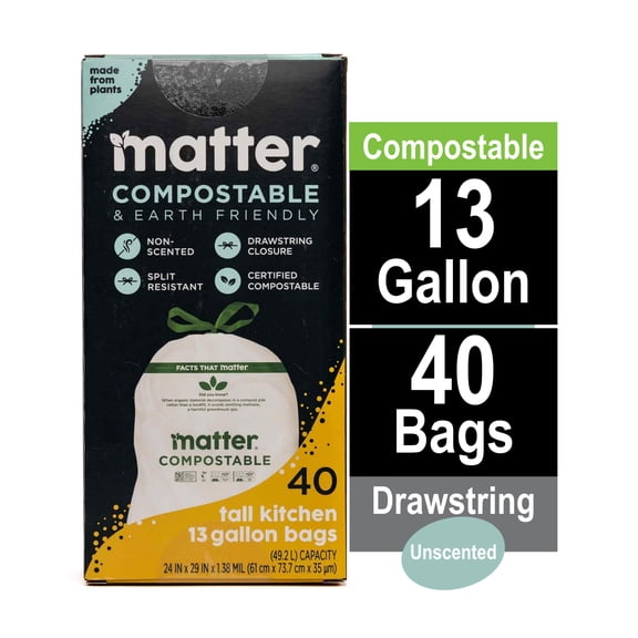 Matter Compostable 13-Gallon Tall Kitchen Trash Bags with Drawstring, 40 Count