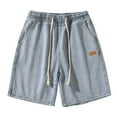 thumbnail image 3 of Jean Shorts Men Baggy Elastic Waist Drawstring Solid Color Casual Denim Bermuda Shorts with Pockets Straight Leg Knee Length Loose Summer Mens Denim Shorts Blue M, 3 of 5