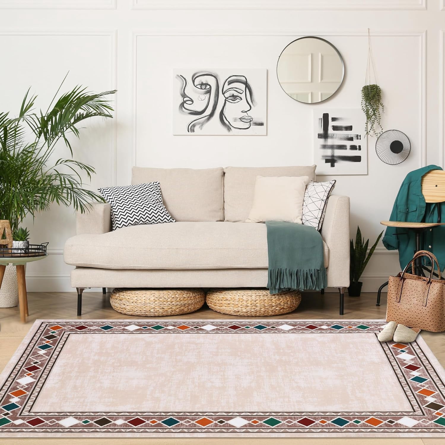 Living Room Rug 8x10 Washable Rugs Soft Bedroom Rug Farmhouse Large Area Rug Non Slip Throw Rugs Vintage Low Pile Non Shedding Stain Resistant Carpet for Dining Room Classroom 8'x10' Beige